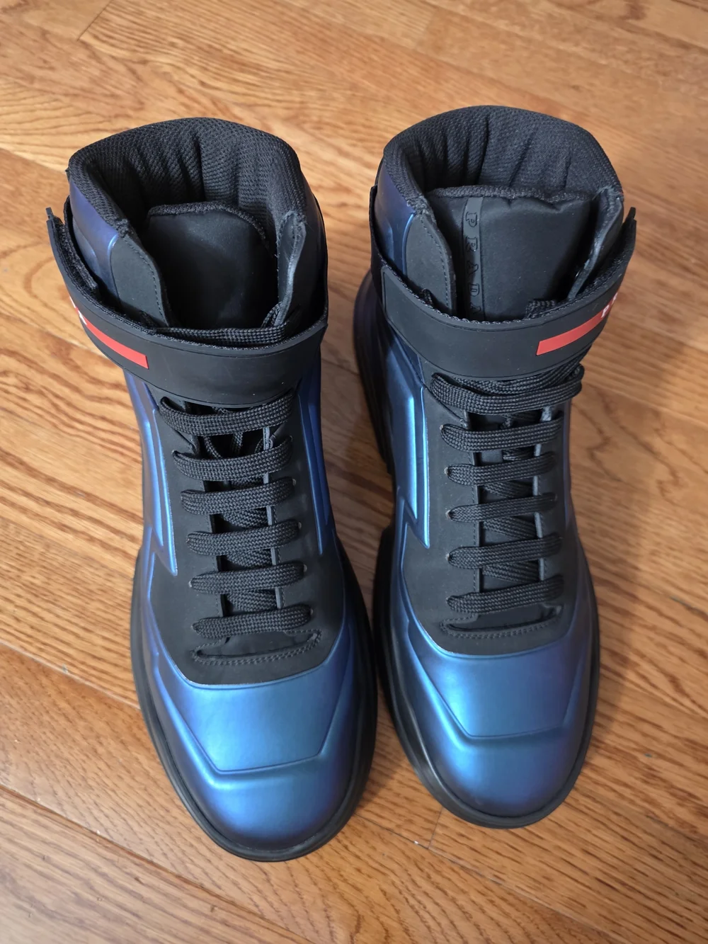 Prada Men’s Iridescent Blue and Black High-Top Sneakers